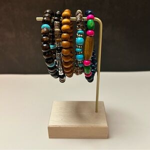 5 Piece Multicolor Brown Silver Green Blue Turquoise Beaded Bracelet Set